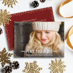 Peace Love Joy Quote Typography Chic Custom Photo Holiday Card<br><div class="desc">“Peace, love & joy.” A playful visual of white, whimsical, handwritten typography and champagne gold confetti dots against your personalized photo, helps you usher in Christmas and New Year. Feel the warmth and joy of the holiday season whenever you use this stylish and modern personalized, custom greeting card. On the...</div>