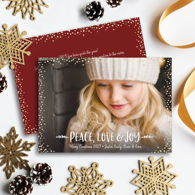 Peace Love Joy Quote Typography Chic Custom Photo Holiday Card (Creator Uploaded)