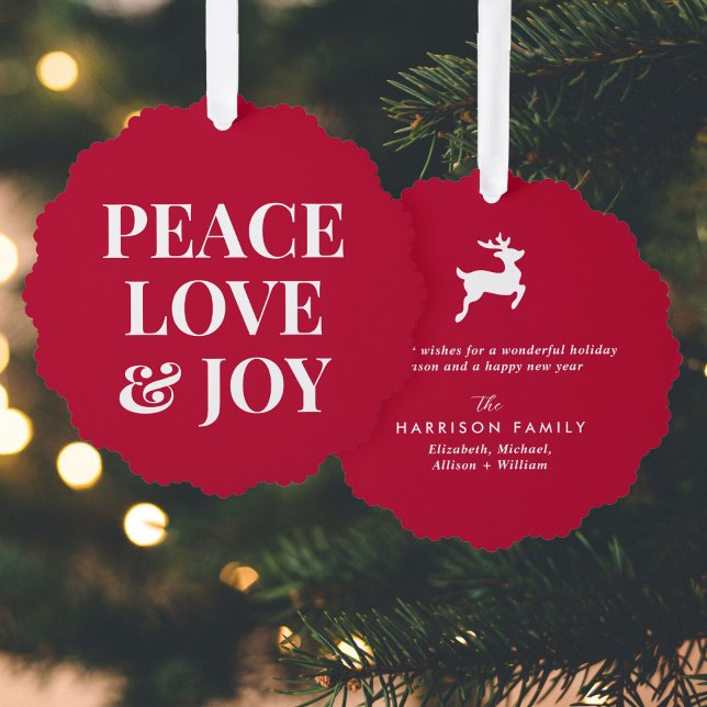 Peace Love Joy Red Christmas Holiday Ornament Card (Creator Uploaded)
