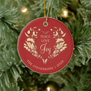 Peace Love Joy Red Gold Christmas Ceramic Ornament