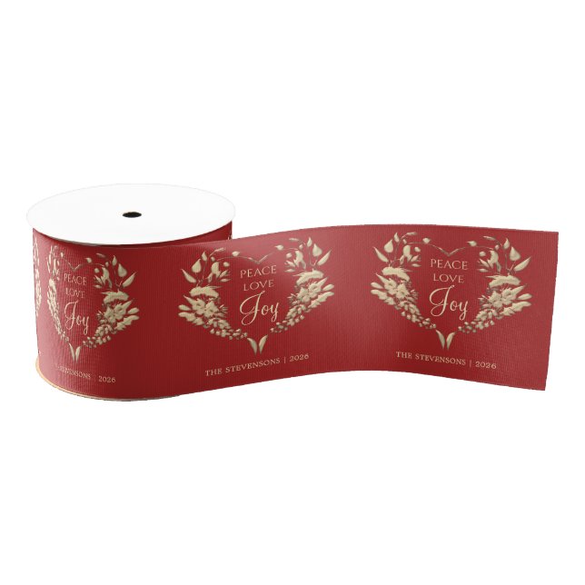 Peace Love Joy Red Gold Personalized Grosgrain Ribbon (Spool)