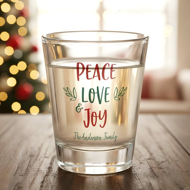 Peace Love Joy Red Green Typography Name Modern Shot Glass (Creator Uploaded)