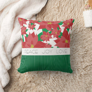 Peace Love Joy Red Poinsettia Christmas Throw Pillow