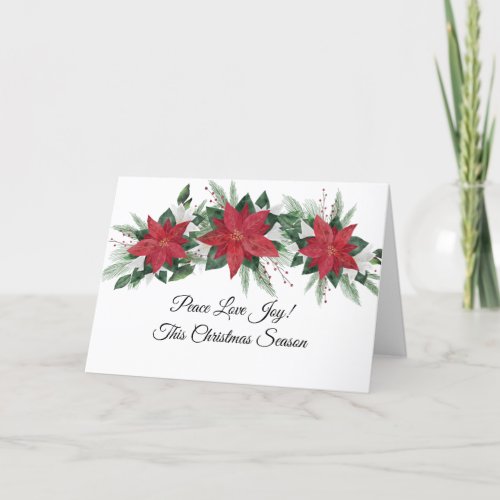 Peace Love Joy Red Poinsettia Green Christmas Holiday Card