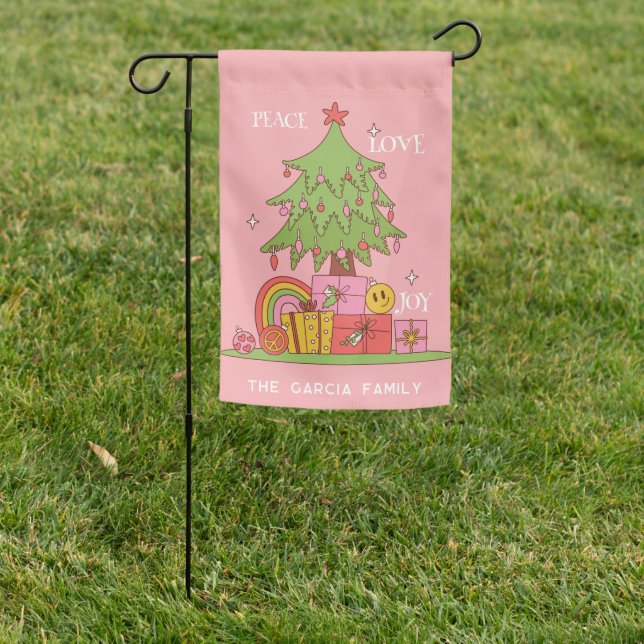 Peace, Love & Joy - Retro Christmas Tree on Pink Garden Flag (In SItu)