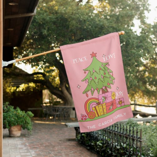 Peace Love  Joy _ Retro Christmas Tree on Pink House Flag