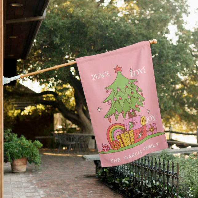 Peace, Love & Joy - Retro Christmas Tree on Pink House Flag (In SItu)