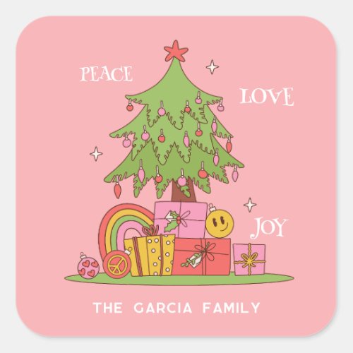 Peace Love  Joy _ Retro Christmas Tree on Pink Square Sticker