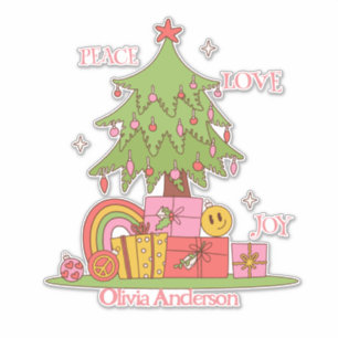 Peace, Love & Joy - Retro Christmas Tree on Pink Sticker