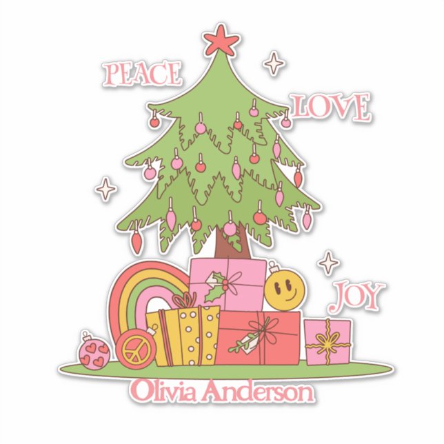 Peace, Love & Joy - Retro Christmas Tree on Pink Sticker (Front)