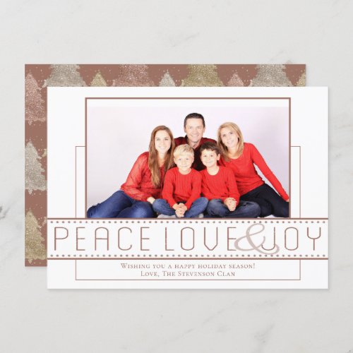 Peace Love Joy  Rose Gold Modern Minimalist Photo Holiday Card