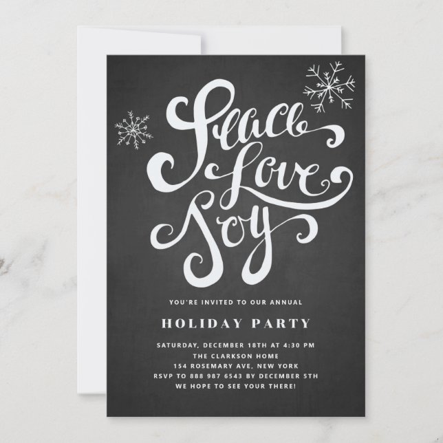 Peace, Love & Joy Rustic Holiday Party Invitation (Front)