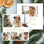 Peace Love Joy Script 4 Photo Collage Christmas Holiday Card<br><div class="desc">Modern Peace, Love & Joy Script 4 Photo Collage Christmas Holiday Card in Gold and White. This minimalist Christmas card features a 4 photo grid collage on the front and an extra photo on the back. The "Peace, Love & Joy" greeting is elegantly hand-lettered in gold calligraphy on a clean...</div>