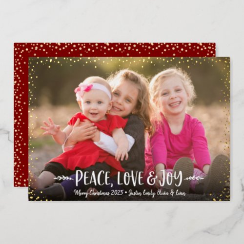 Peace Love Joy Script Christmas Photo Real Gold Foil Holiday Card