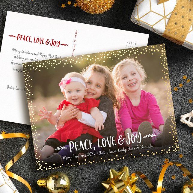 Peace Love Joy Script Christmas Photo Real Gold Foil Holiday Postcard (Creator Uploaded)