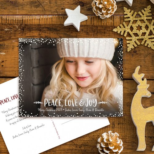 Peace Love Joy Script Custom Photo Confetti Dots Holiday Postcard