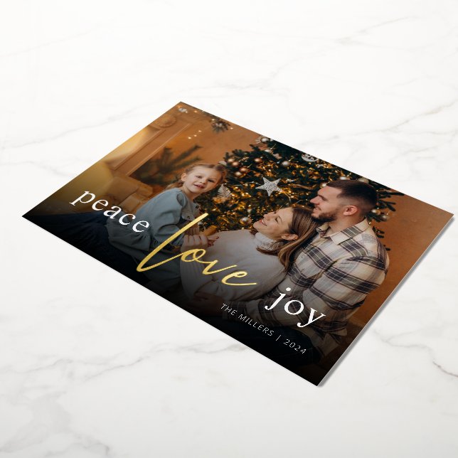 Peace Love Joy Script Full Photo Foil Holiday Card (Rotated)