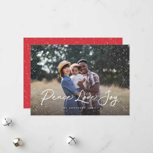 Peace Love Joy Script Snow Photo Holiday Card (Front/Back In Situ)