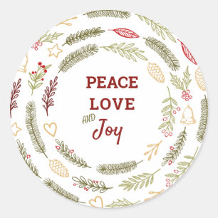 Peace Love Joy Simple Rustic Christmas Foliage Classic Round Sticker