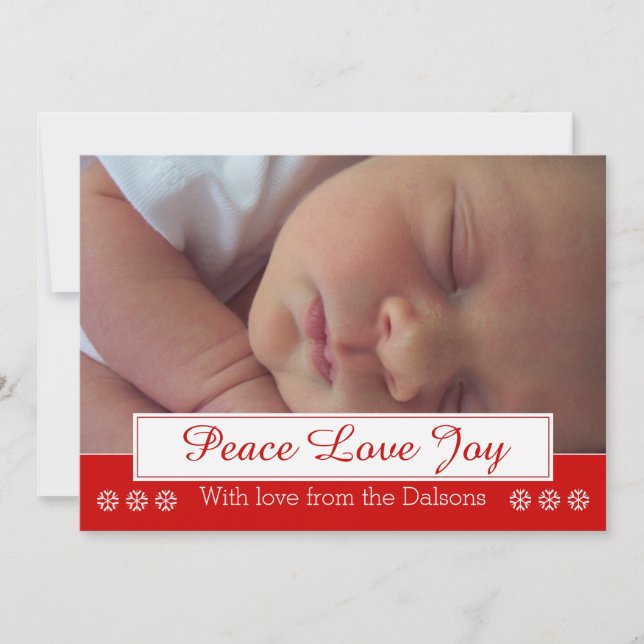 Peace Love Joy snowflake modern Christmas photo Holiday Card (Front)