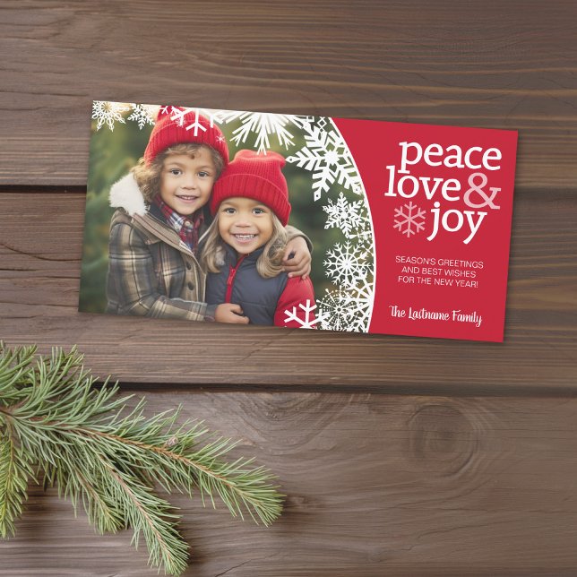 Peace Love Joy Snowflakes - red white Photo Holiday Card (A photo card with a Christmas theme. Add 2 photos and greeting. Download option available.)