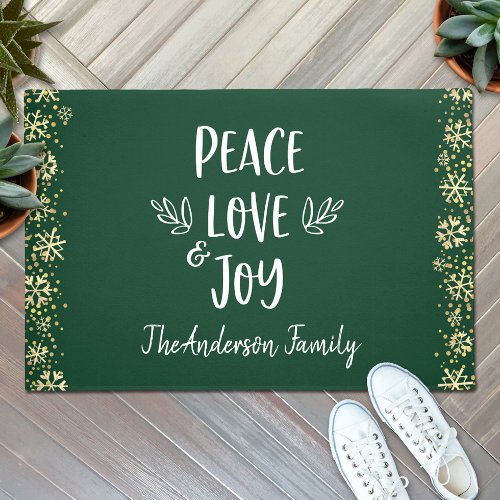 Peace Love Joy Snowflakes Typography Green Holiday Doormat
