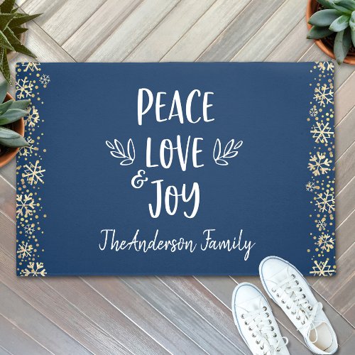 Peace Love Joy Snowflakes Typography Navy Holiday Doormat
