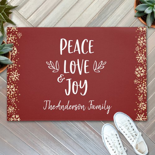 Peace Love Joy Snowflakes Typography Red Holiday Doormat