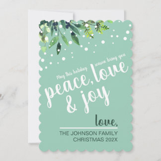 Peace Love Joy Snowy Greenery Classic Mint Custom Holiday Card