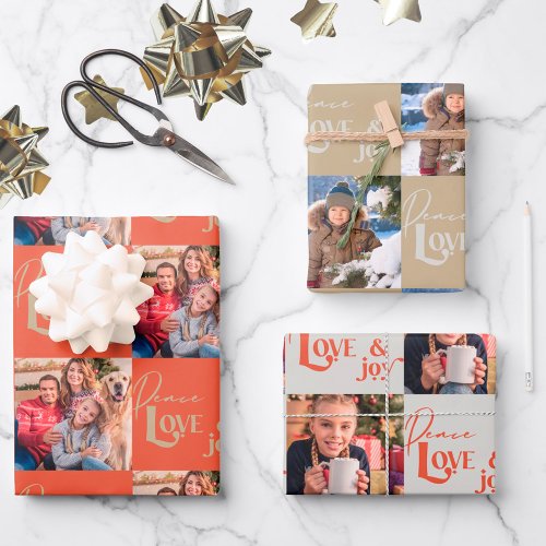 Peace Love  Joy Square Photos Set of 3 Wrapping Paper Sheets
