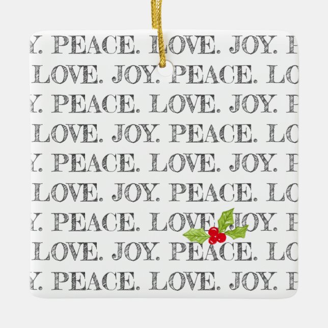 Peace Love Joy Text Christmas Holly Baby Photo Ceramic Ornament (Front)