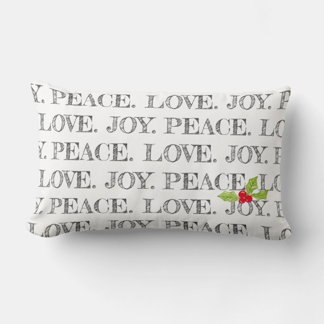 Peace Love Joy Text Christmas Holly Festive Lumbar Pillow (Front)
