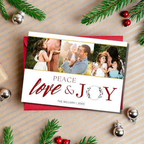 Peace Love Joy Three Photo Family Christmas  Holiday Card