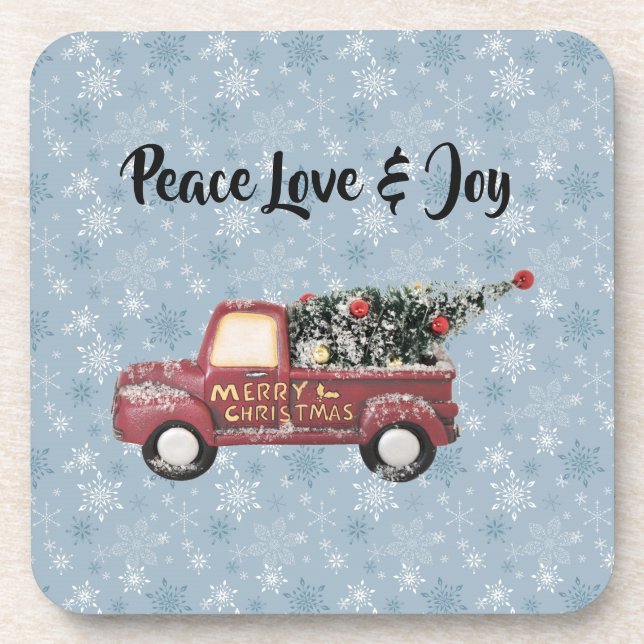 Peace Love & Joy Toy Truck Merry Christmas Beverage Coaster (Front)