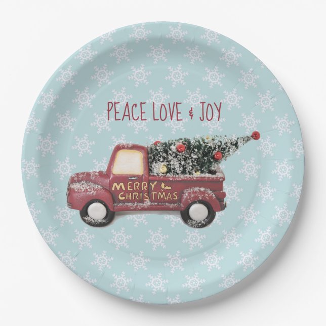 Peace Love & Joy Toy Truck Merry Christmas Paper Plates (Front)