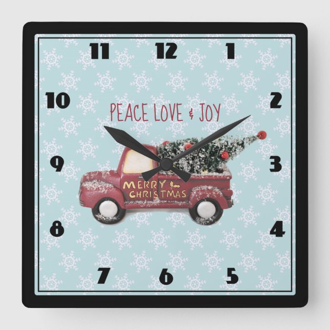Peace Love & Joy Toy Truck Merry Christmas Square Wall Clock (Front)