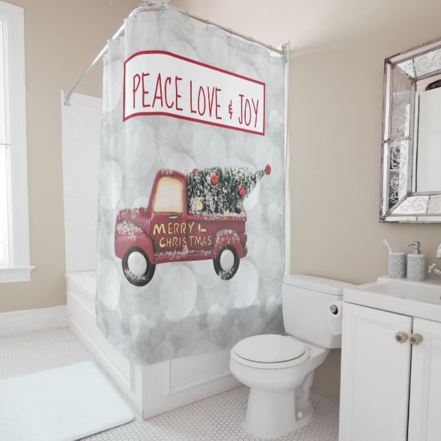 Peace Love & Joy Toy Truck Silver Bokeh Shower Curtain (In Situ)