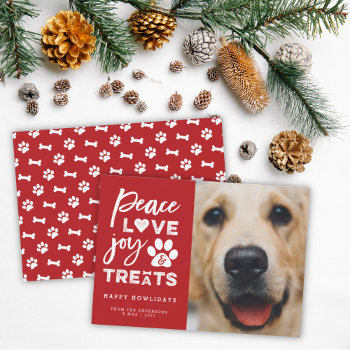 Peace Love Joy Treats Dog Lover Photo Funny Pet Holiday Card by fat_fa_tin at Zazzle