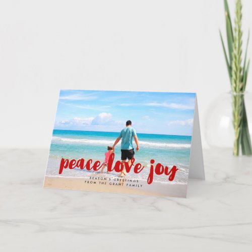 Peace Love Joy trendy red font photo Holiday Card