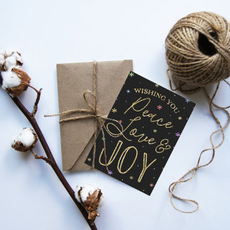 Peace, Love & Joy Typography 3 Photo Christmas Holiday Card