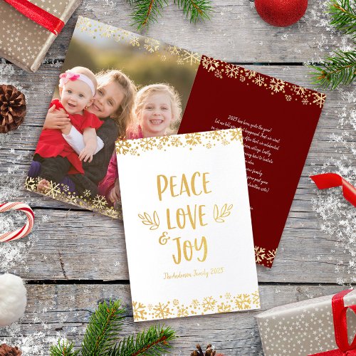 Peace Love Joy Typography Custom Photo Real Gold Foil Card