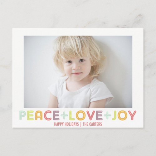 PEACE LOVE JOY TYPOGRAPHY HOLIDAYS PHOTO HOLIDAY POSTCARD