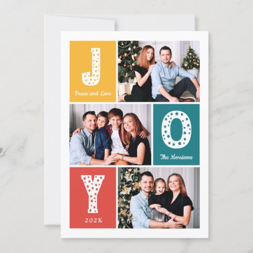 Peace Love JOY Typography Modern 3 Photo Holiday Card