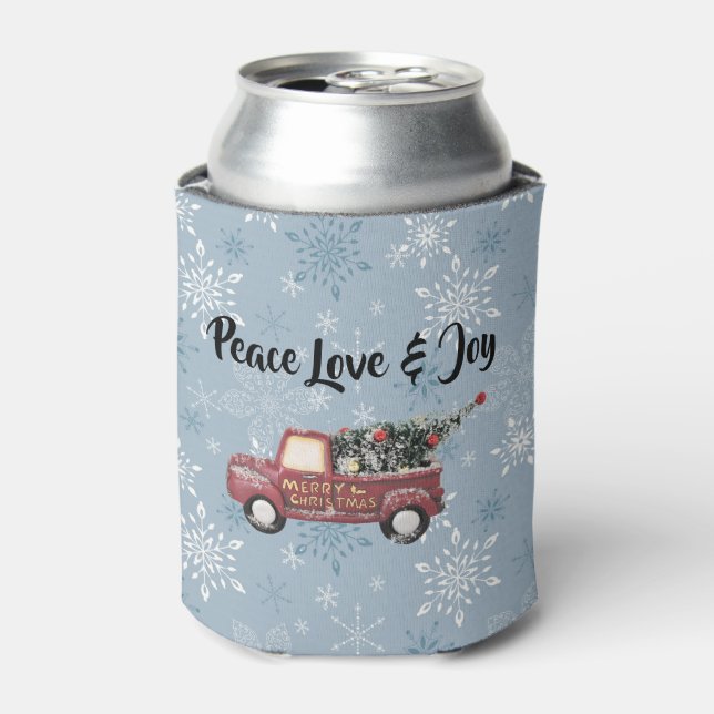 Peace Love & Joy w/ Red Toy Truck Merry Christmas Can Cooler (Can Front)