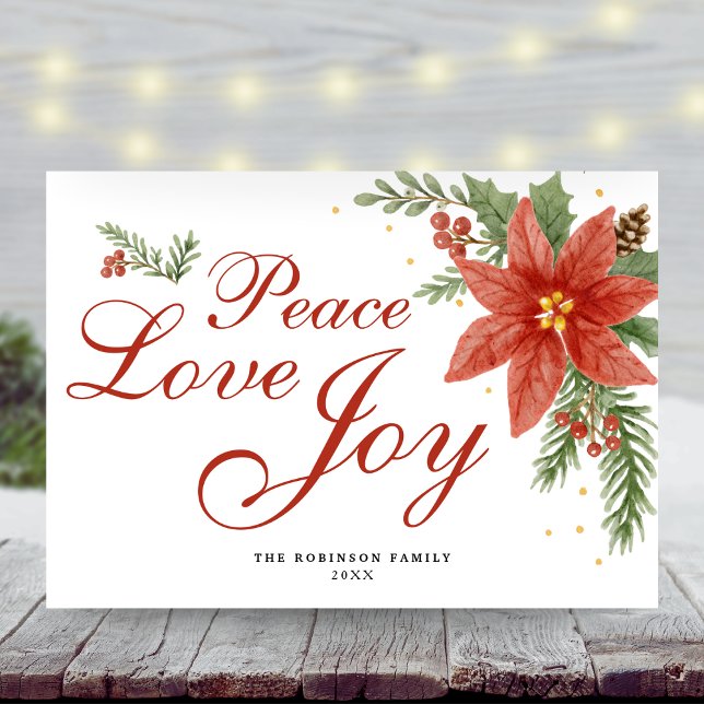 Peace Love Joy Watercolor Poinsettia Christmas  Holiday Card (Creator Uploaded)