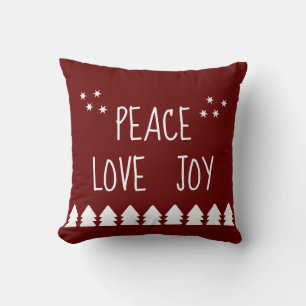 Peace Love Joy White Script Burgundy Holiday  Thro Throw Pillow