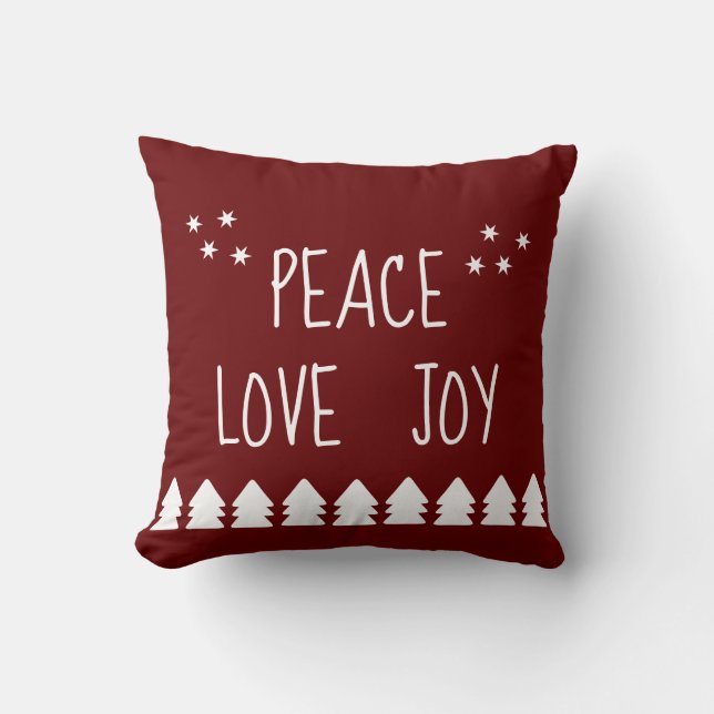 Peace Love Joy White Script Burgundy Holiday  Thro Throw Pillow (Front)