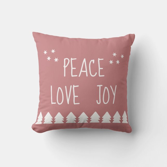Peace Love Joy White Script Soft Pink Christmas  T Throw Pillow (Front)