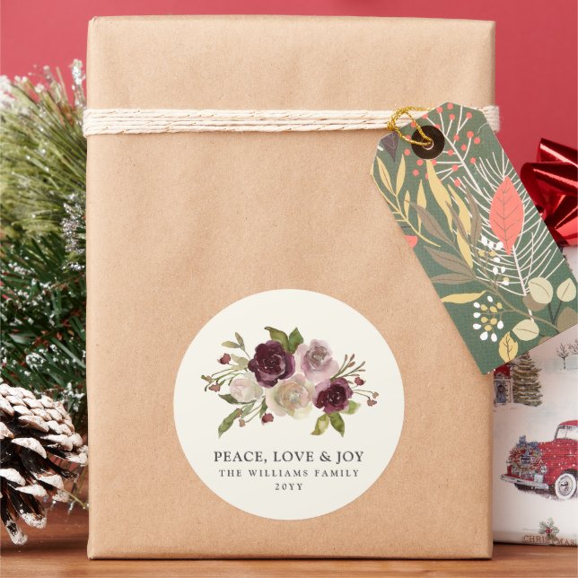 Peace Love Joy Winter Bouquet Classic Round Sticker (Holiday)