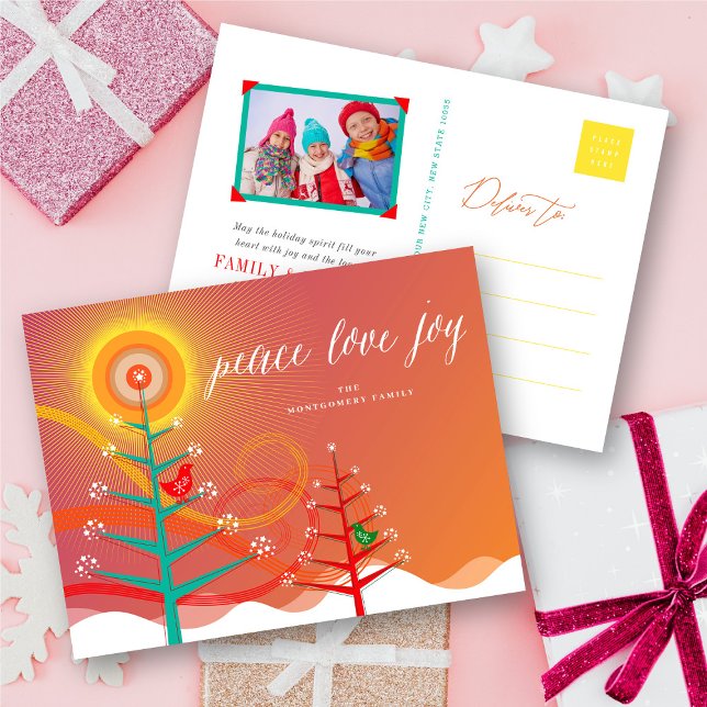 Peace Love Joy Winter Trees Snow And Birds Modern Holiday Postcard (Creator Uploaded)